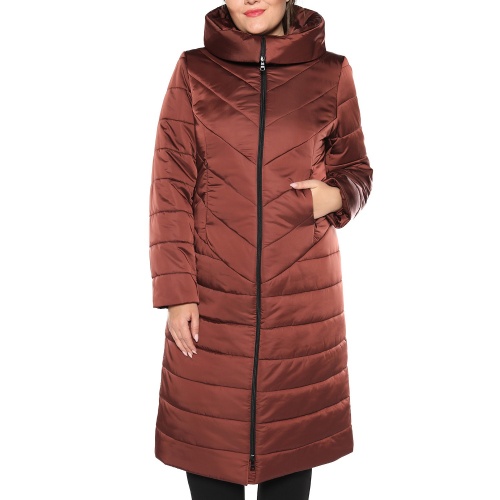 Стёганое коричневое пальто на молнии с капюшоном, зима