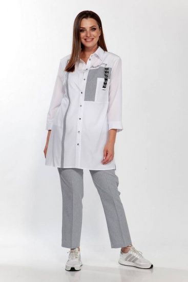 Комплект из брюк и удлиненной блузки с декором, серый с белым