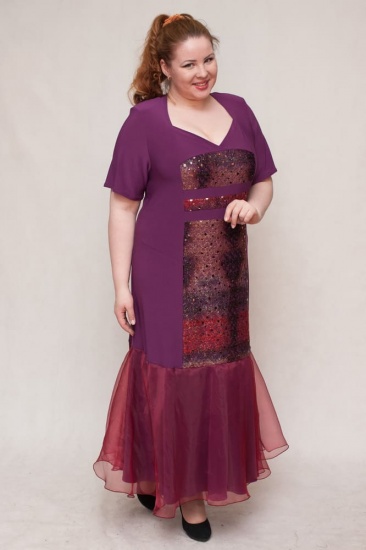Длинное платье с широким воланом и сеткой, фиолетовое