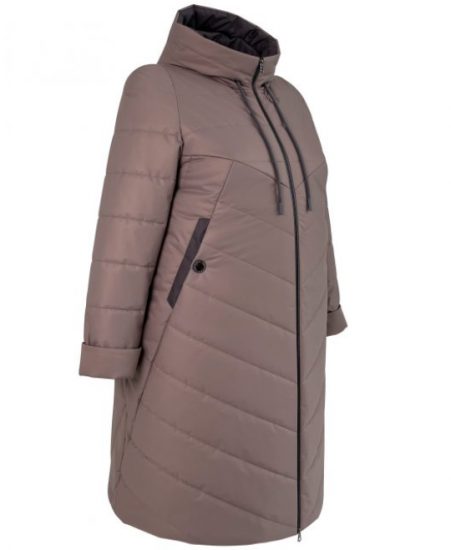 Демисезонное пальто с капюшоном и серой отделкой, капучино