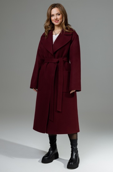 Свободное пальто с пиджачным воротником и поясом, бордо