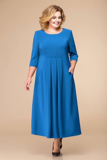 Расклешенное платье с бантовыми складками и карманами, голубое