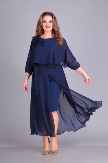 Двухслойное платье с бархатной вышивкой и пайетками, темно-синее