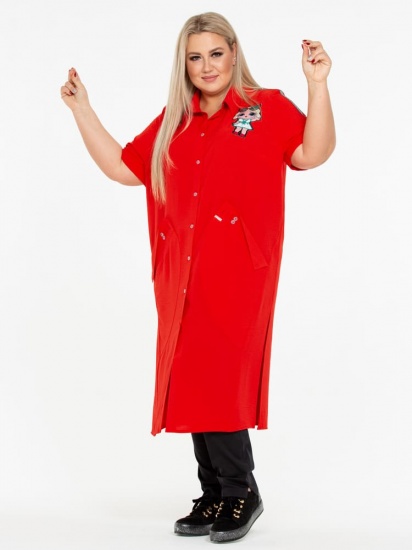 Длинная рубашка с фигурными карманами и декором, красная