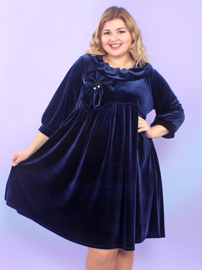 Велюровое платье с воротником-хомут и бантом, темно-синее