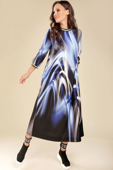 Длинное расклешенное платье с карманами, синие разводы