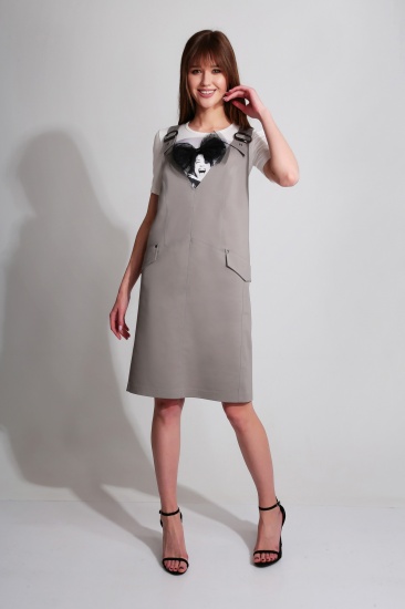 Комплект из блузы с аппликацией и прямого сарафана, серый