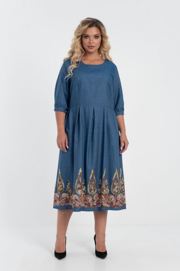 Приталенное платье с купонной вышивкой по низу, синее