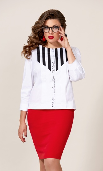 Комплект из классической юбки и блузы с декором, красный с белым