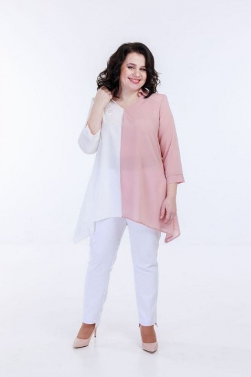 Комплект из брюк и комбинированной блузки, белый с розовым