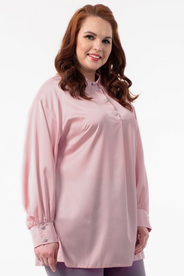Шелковистая блузка с широкими манжетами на рукавах, розовая