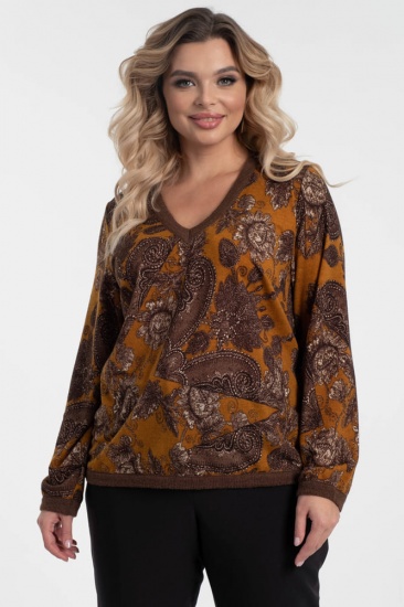 Трикотажная блузка с вязаными манжетами, коричневая
