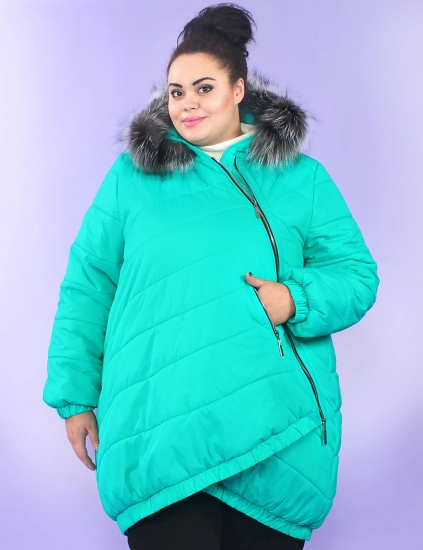 Зимняя куртка с перепадом длины и асимметричной застежкой, бирюза