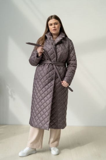 Длинное прямое пальто с поясом, фиолетовое