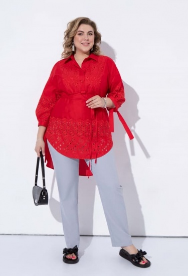 Комплект из брюк и удлиненной рубашки с ришелье, красный