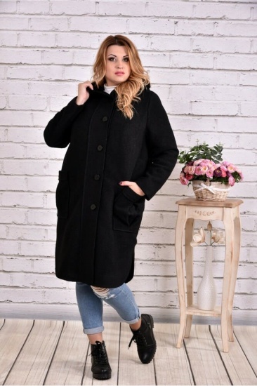 Шерстяное пальто с капюшоном, черное