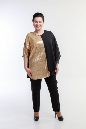 Комбинированная блузка из шифона и пайеток, черная с золотом
