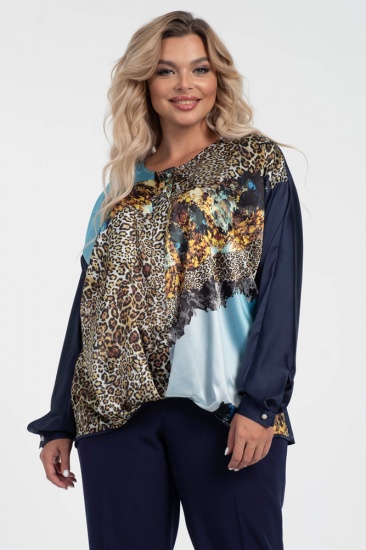 Атласная блузка с купонным рисунком, темно-синяя