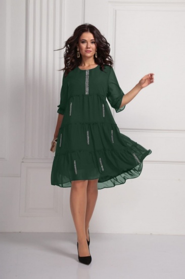 Свободное шифоновое платье с тесьмой из страз, зеленое
