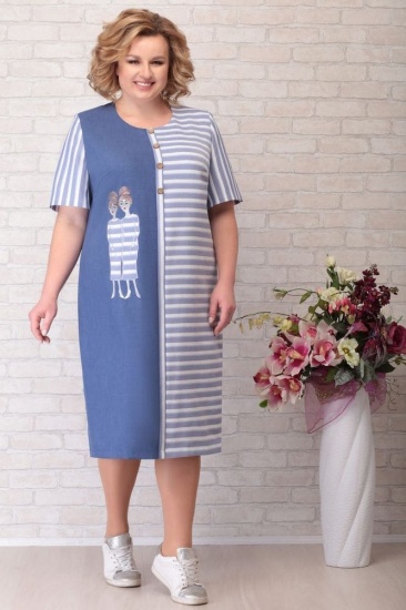 Комбинированное платье с вышивкой, синее
