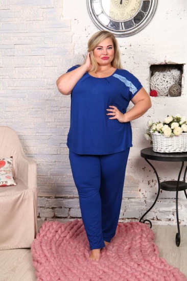 Пижама из брюк и футболки с кружевом на рукавах, синяя