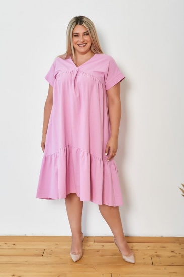 Легкое расклешенное платье с коротким рукавом, розовое