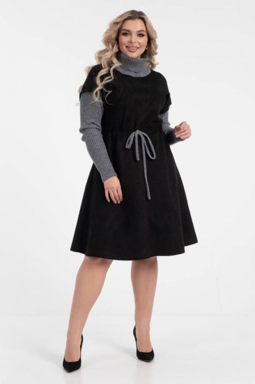 Замшевое платье с вязаными рукавами и воротником, черное
