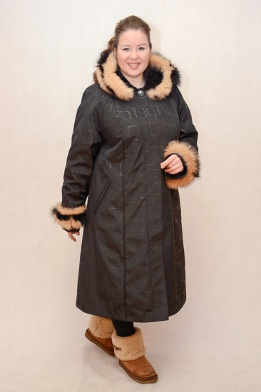 Пальто зимнее с капюшоном и мехом, коричневое