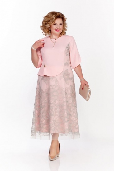 Платье с асимметричной баской и кружевом на сетке, розовое