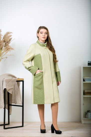 Комбинированное пальто с воротником-стойкой, зеленое