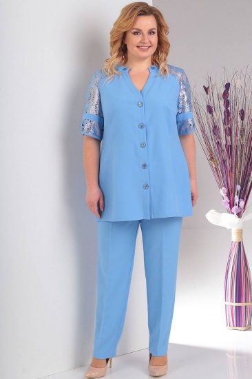Комплект из брюк и блузки с кружевным декором, голубой