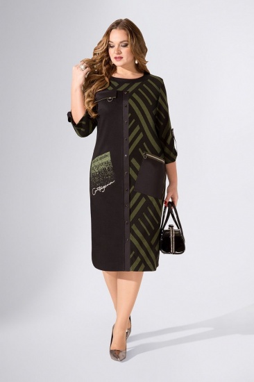 Комбинированное трикотажное платье с накладным карманом, черное с зеленым