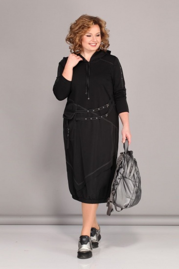 Комбинированное свободное платье с капюшоном, черное