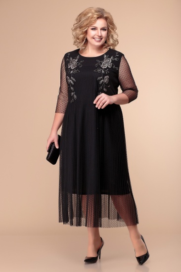Длинное платье с плиссированной юбкой и аппликацией, черное