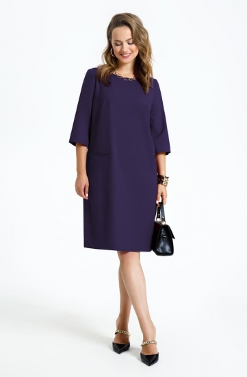 Прямое платье с отделкой эко-кожи, фиолетовое