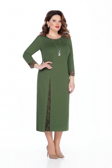 Платье с асимметричными подрезами и кружевом, зеленое