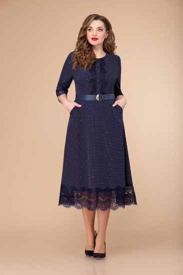 Платье с расклешенной юбкой и кружевным декором, темно-синее