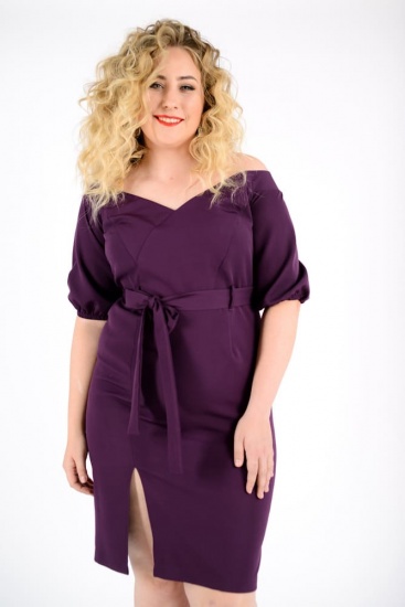 Платье с открытыми плечами и разрезом спереди, фиолетовое