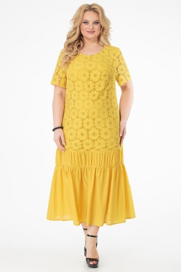Длинное кружевное платье с широким воланом, желтое