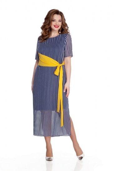 Длинное прямое платье с желтым асимметричным поясом, синее