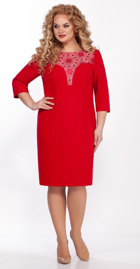 Платье с перфорированной трикотажной кокеткой, красное