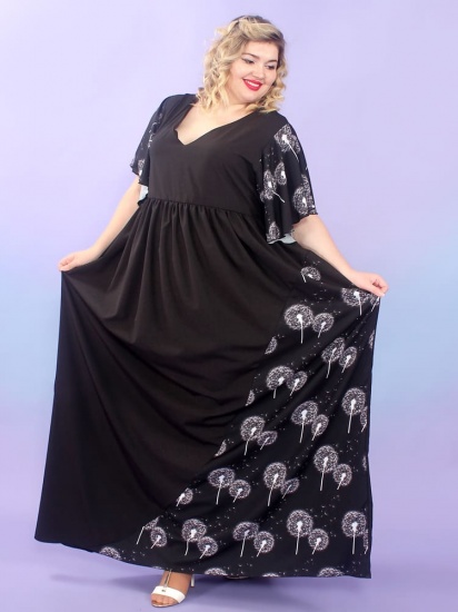 Длинное шелковистое платье с одуванчиками, черное