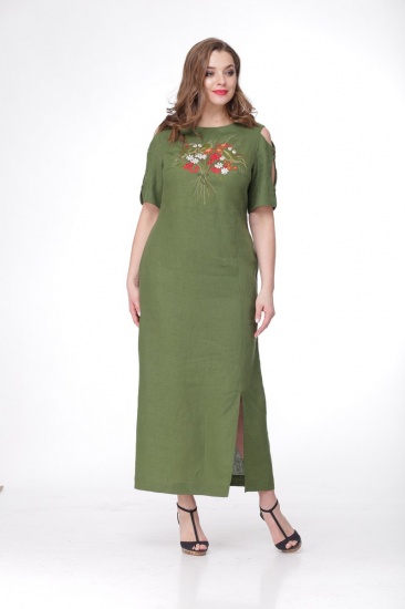 Длинное льняное платье с вырезами на рукавах, зеленое
