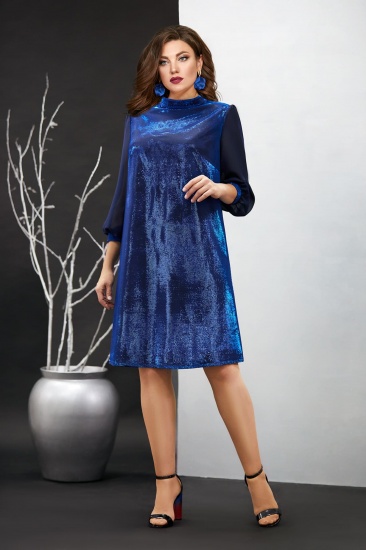 Свободное платье с люрексом и шифоновыми рукавами, синее