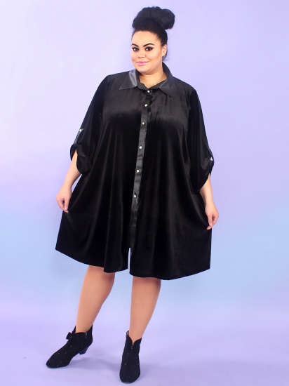 Велюровое платье-рубашка с атласной отделкой, черное