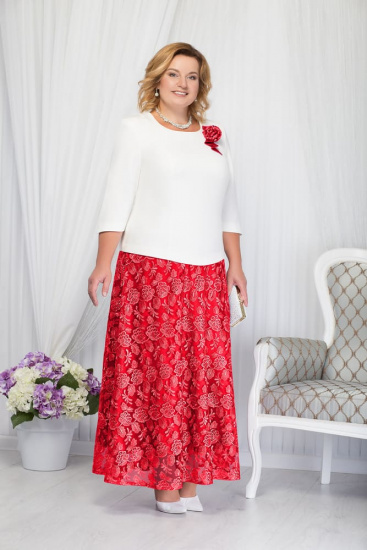 Комплект из длинной юбки и блузы с пришивным цветком, красный с белым