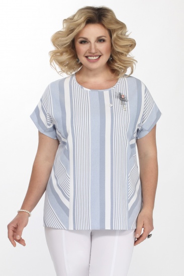 Прямая летняя блузка с коротким рукавом, голубые полоски