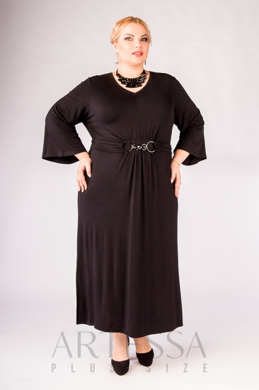 Длинное платье с расклешенным рукавом и вшитым поясом, черное