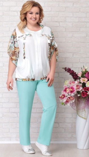 Летний комплект из брюк и блузы с принтованным шифоном, цветы