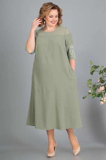 Свободное платье с ажурной вышивкой, оливковое